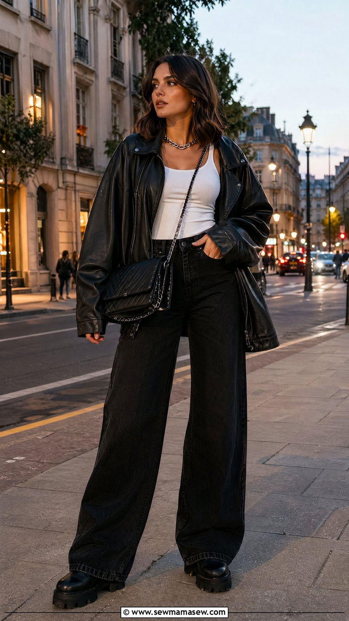 Wide Leg Jeans With Leather Jacket - 35 wide leg jeans outfits inspo