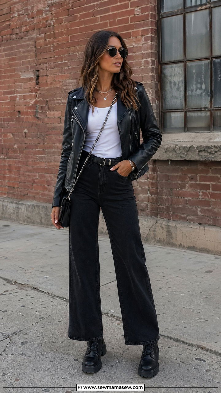 Wide Leg Jeans With Leather Jacket and Boots - 35 casual wide leg jeans outfits