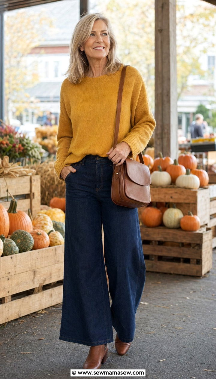 Wide Leg Jeans With Mustard Yellow Sweater - 30 Wide leg jeans outfit ideas for women over 50