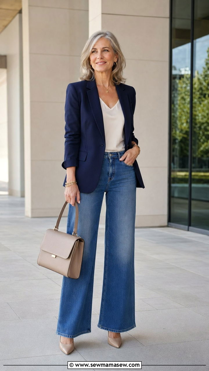 Wide Leg Jeans With Navy Blazer - 30 Wide leg jeans outfit ideas for women over 50