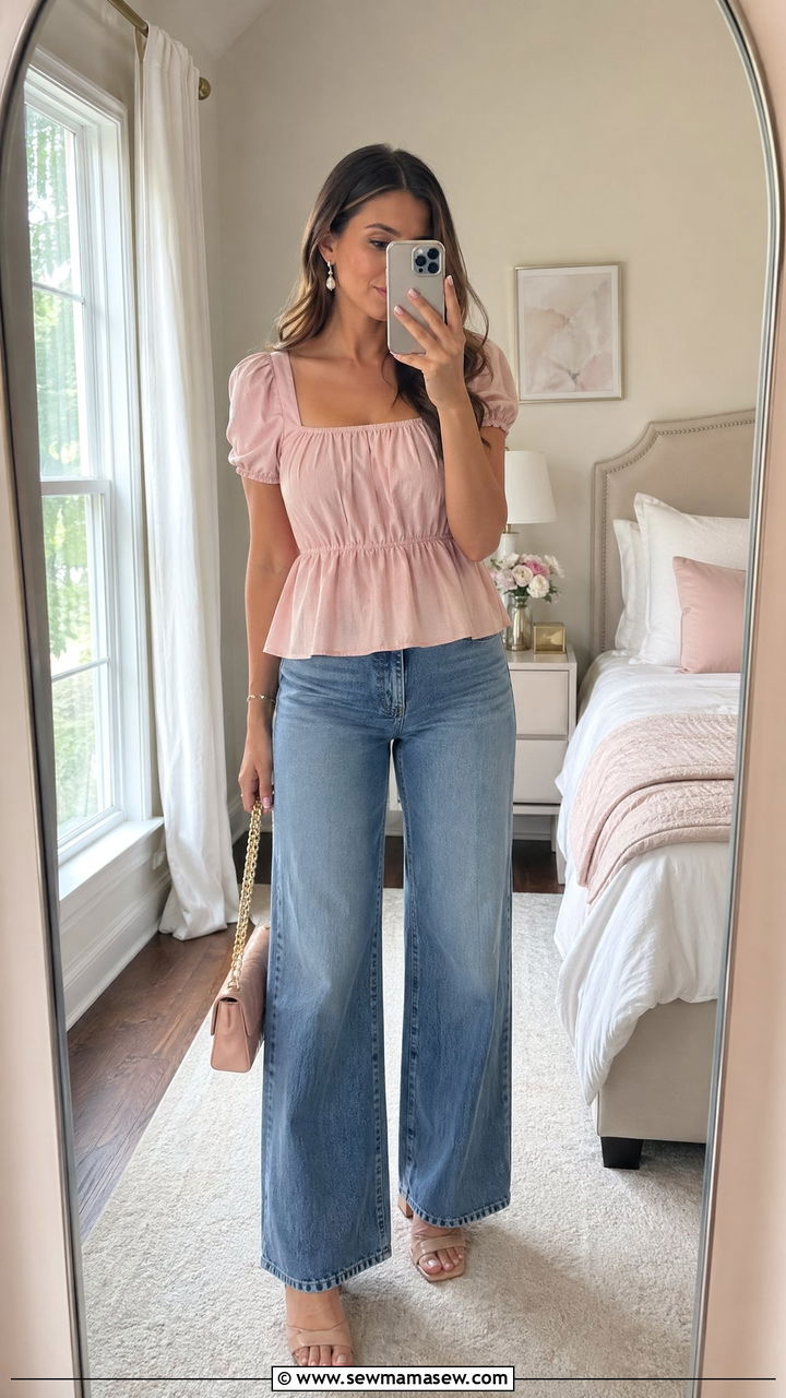Wide Leg Jeans With Peplum Top and Low Heels - 35 casual wide leg jeans outfits