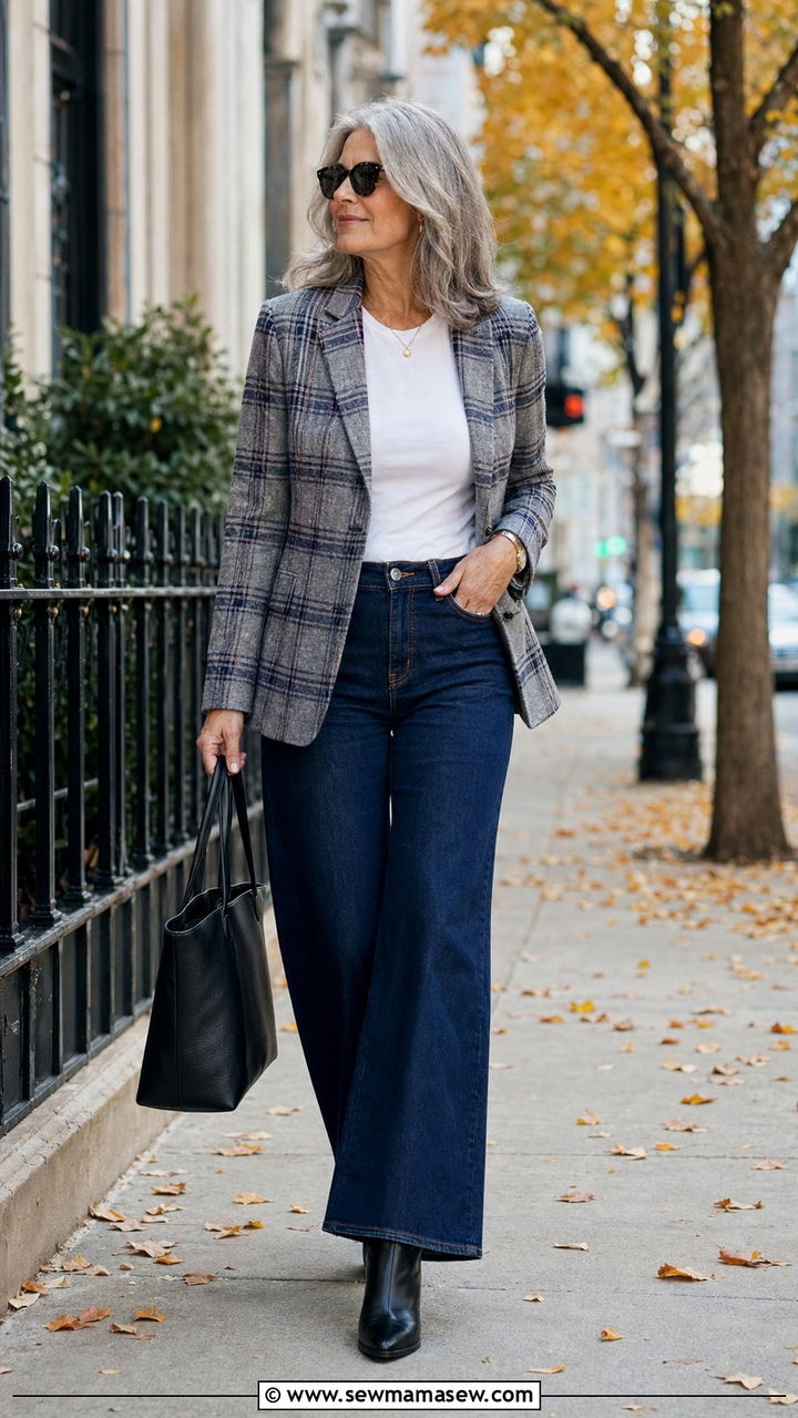 Wide Leg Jeans With Plaid Blazer - 30 Wide leg jeans outfit ideas for women over 50