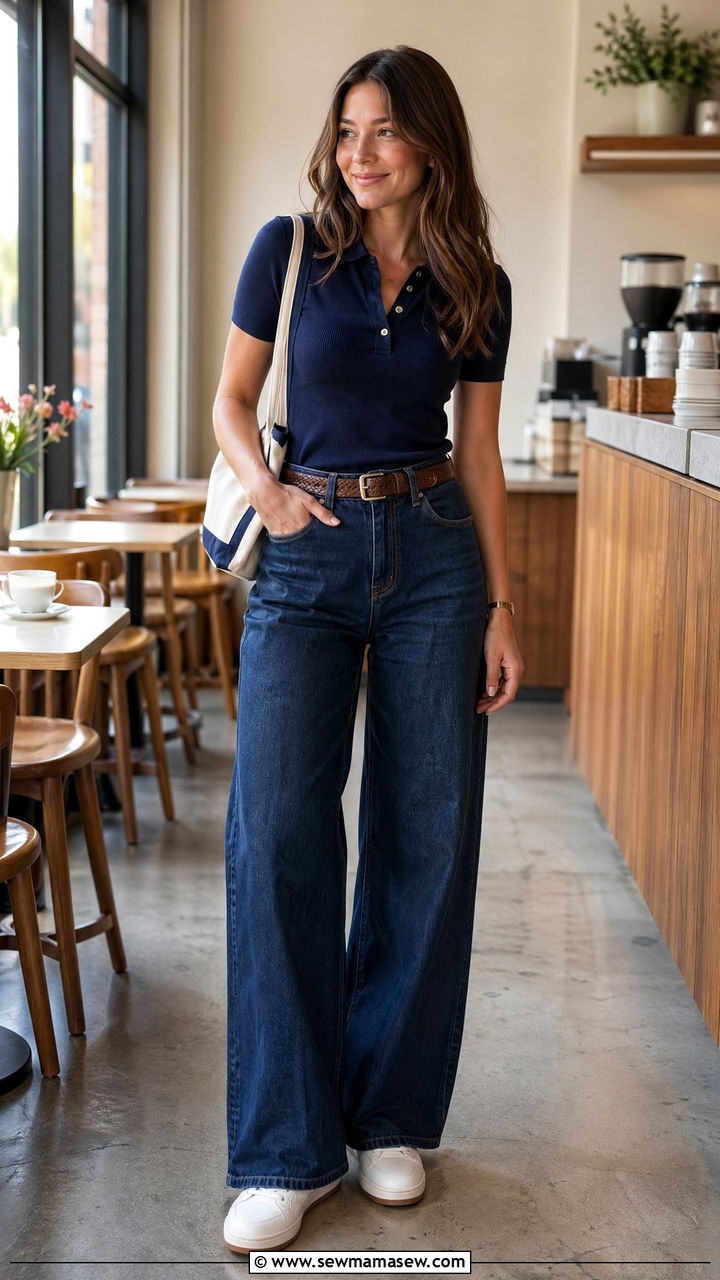 Wide Leg Jeans With Polo Top and Minimal Sneakers - 35 casual wide leg jeans outfits