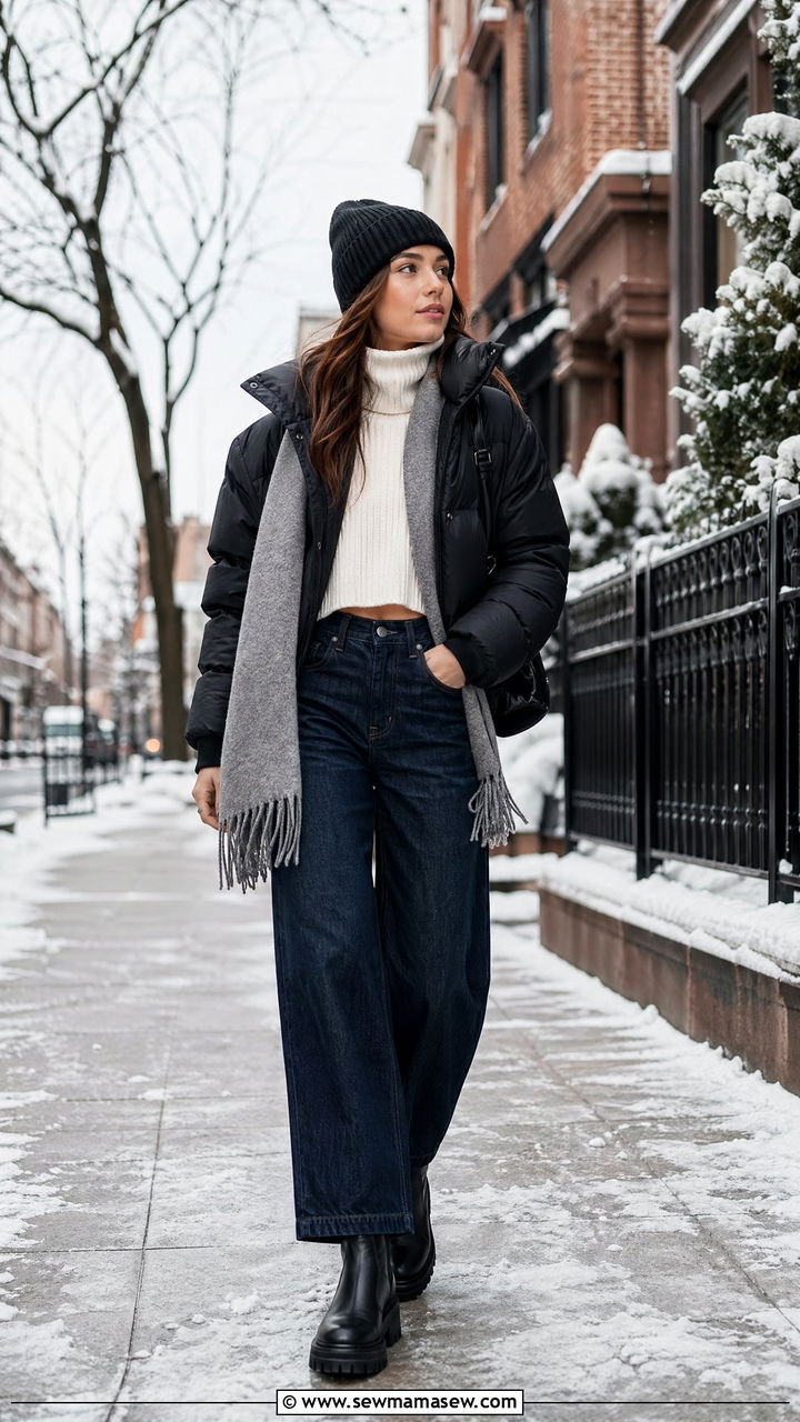Wide Leg Jeans With Puffer Jacket and Boots - 35 casual wide leg jeans outfits