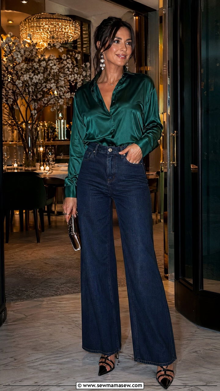 Wide Leg Jeans With Satin Blouse - 35 wide leg jeans outfits inspo
