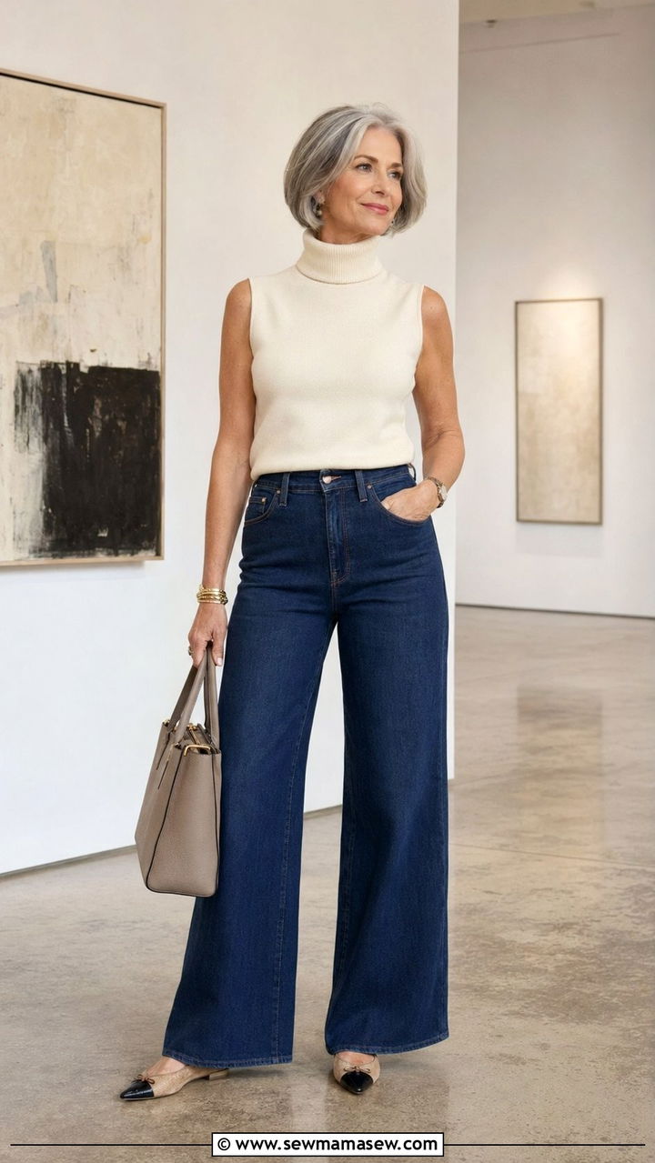 Wide Leg Jeans With Sleeveless Turtleneck - 30 Wide leg jeans outfit ideas for women over 50