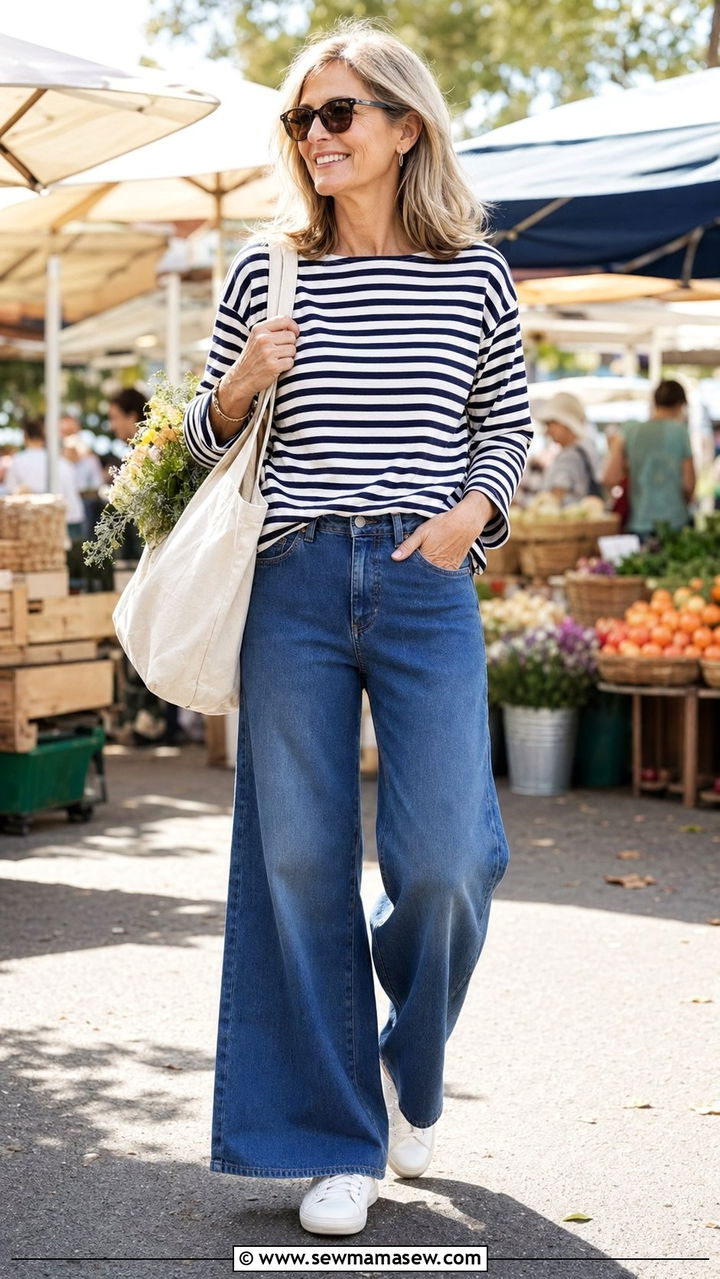 Wide Leg Jeans With Striped Breton Top - 30 Wide leg jeans outfit ideas for women over 50