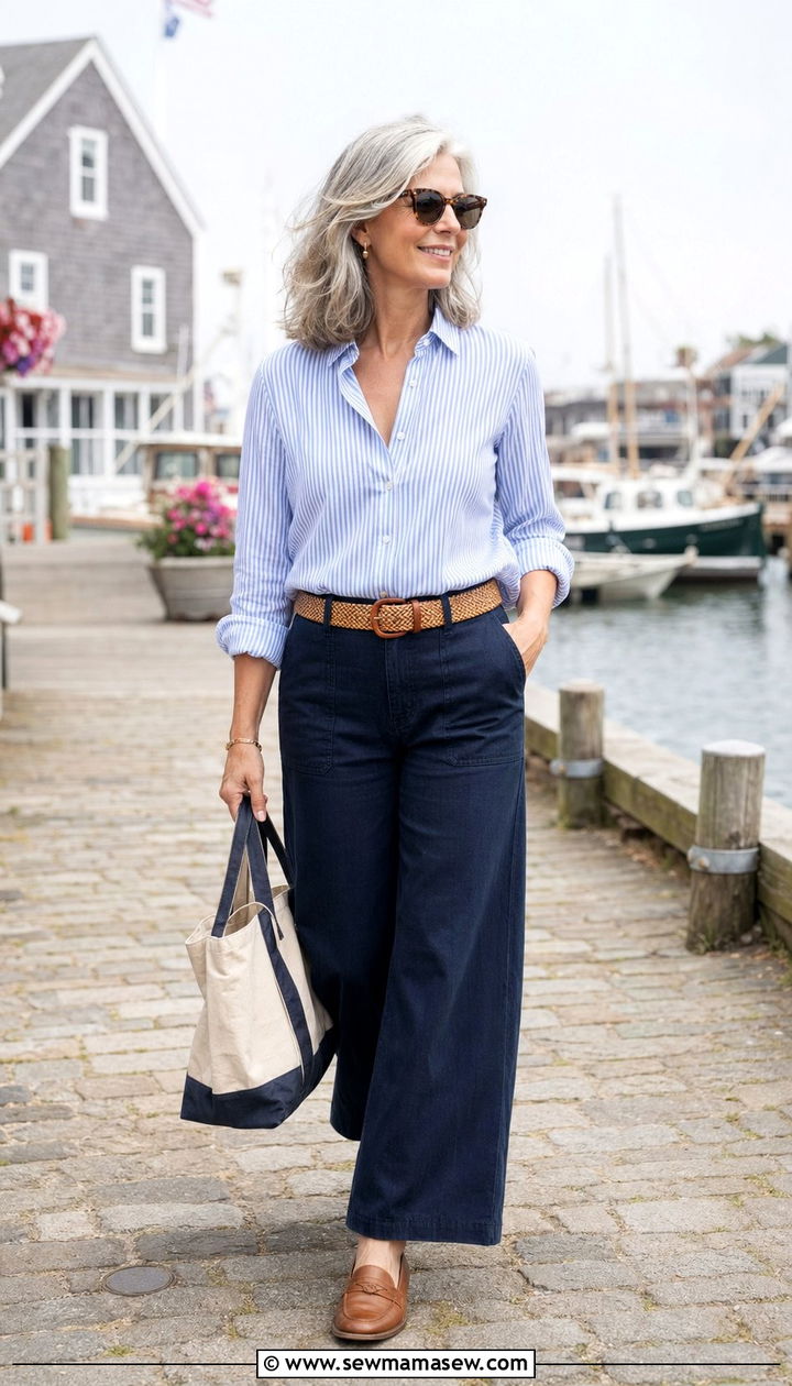 Wide Leg Jeans With Striped Button Down - 30 Wide leg jeans outfit ideas for women over 50