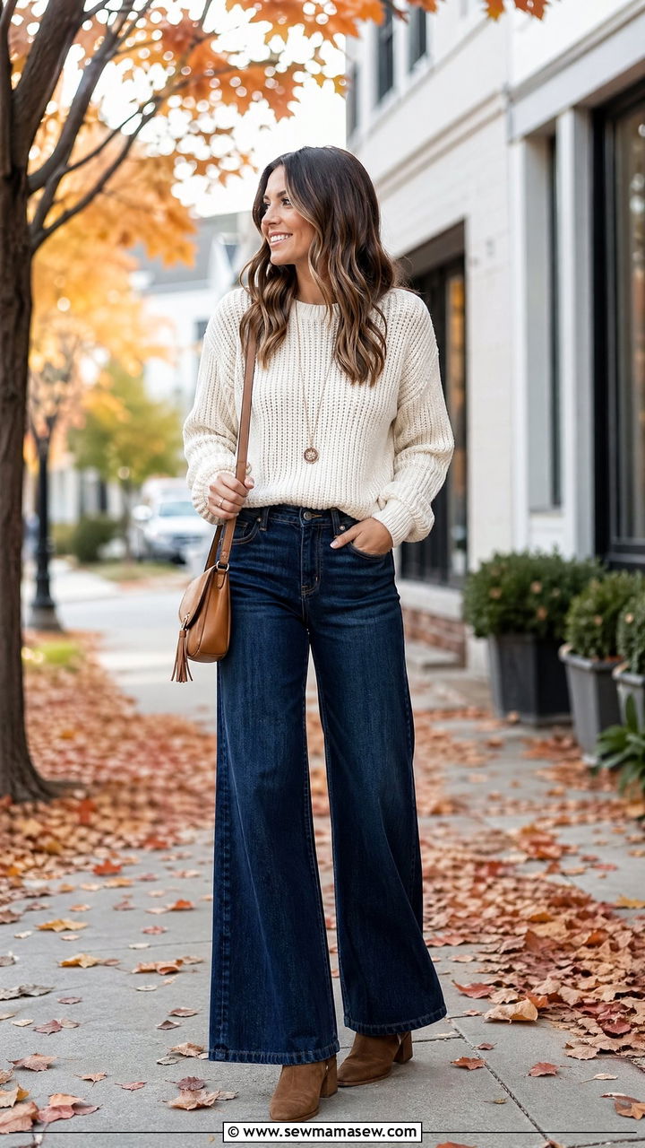 Wide Leg Jeans With Sweater and Ankle Boots - 35 casual wide leg jeans outfits