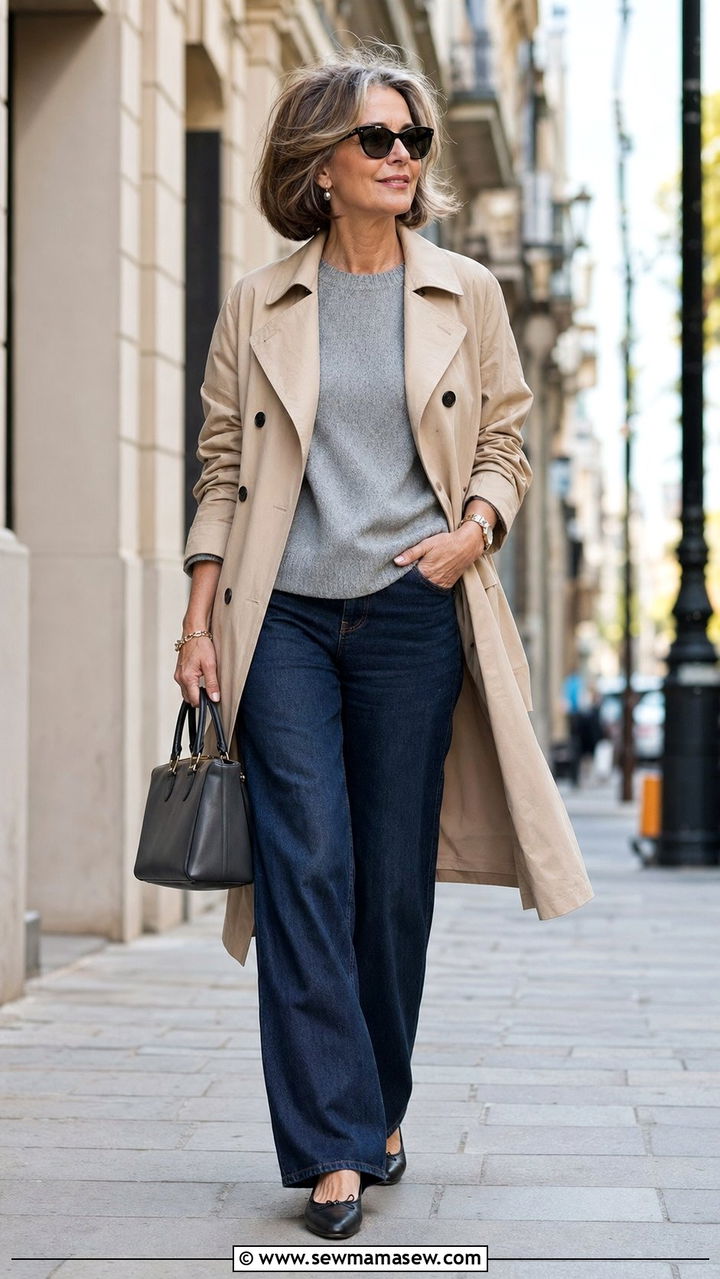 Wide Leg Jeans With Trench Coat - 30 Wide leg jeans outfit ideas for women over 50