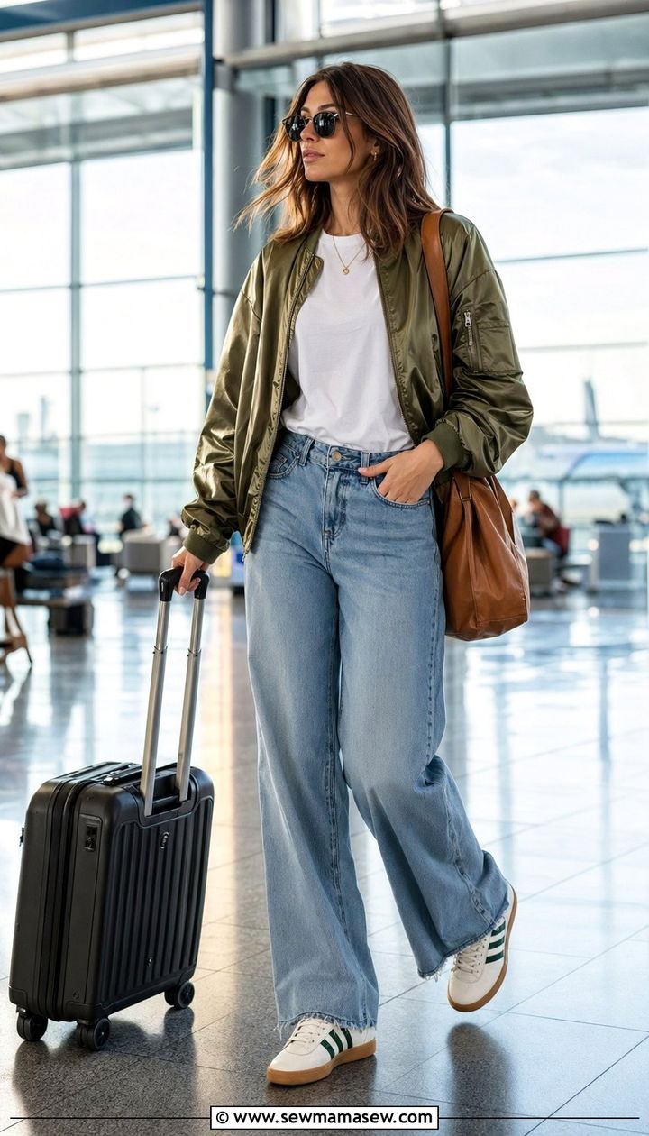 Wide Leg Jeans With Tucked In Tee And Bomber Jacket - 30 Airport outfit ideas long haul flight