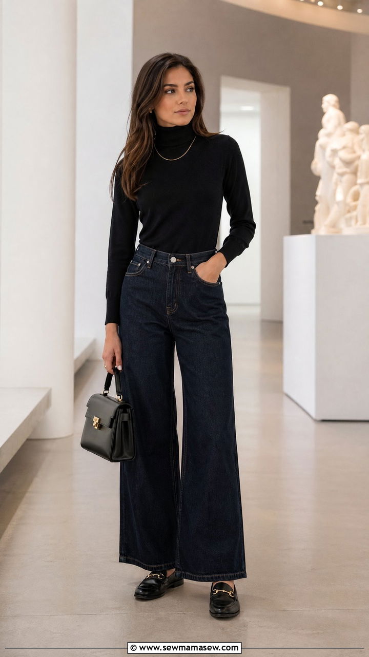 Wide Leg Jeans With Turtleneck and Loafers - 35 casual wide leg jeans outfits