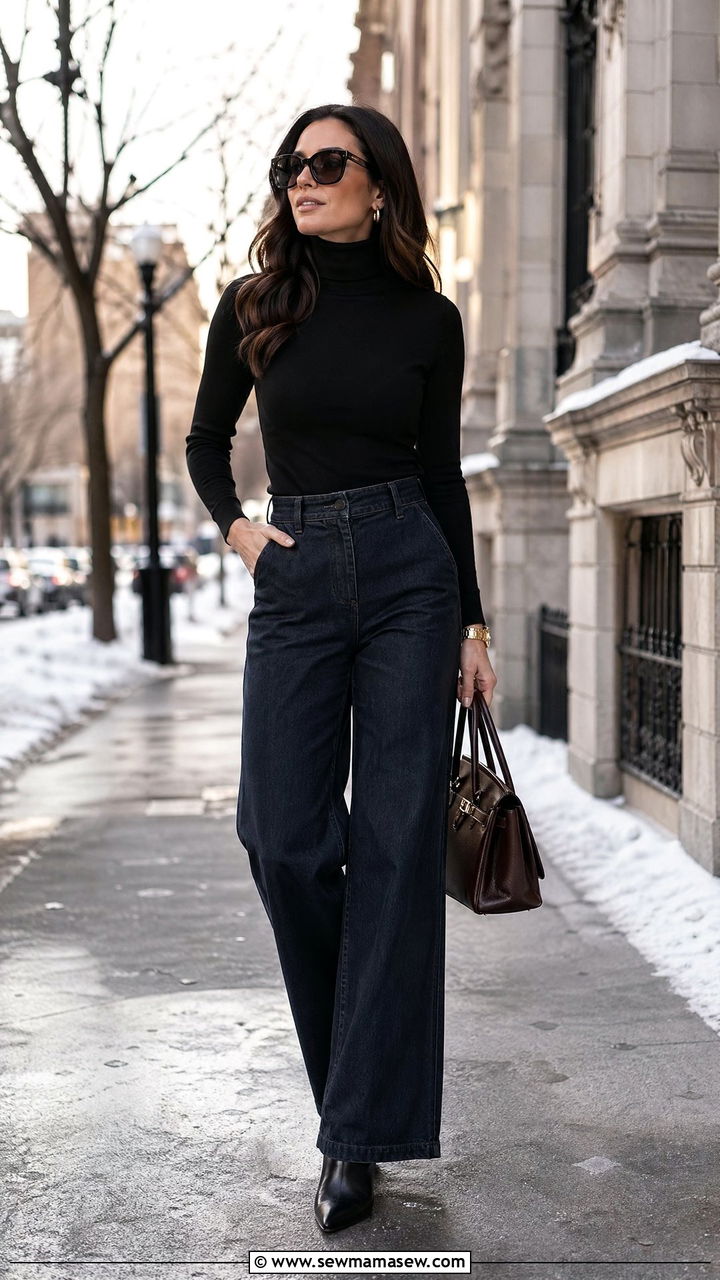 Wide Leg Jeans With Turtleneck - 35 wide leg jeans outfits inspo