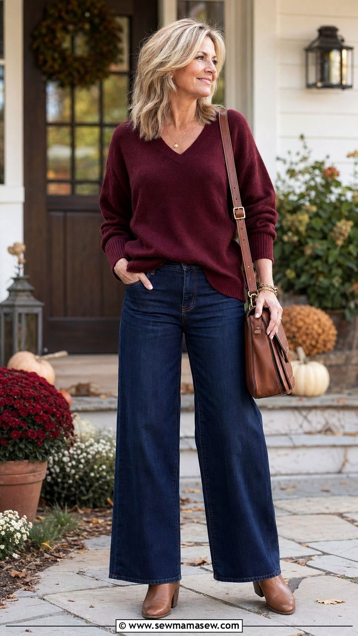 Wide Leg Jeans With V Neck Sweater - 30 Wide leg jeans outfit ideas for women over 50