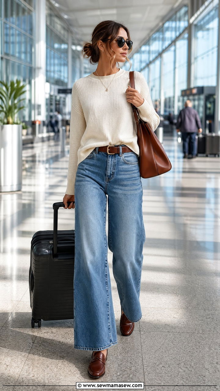 Wide Leg Jeans With a Cozy Sweater and Loafers - 35 spring airport outfit ideas