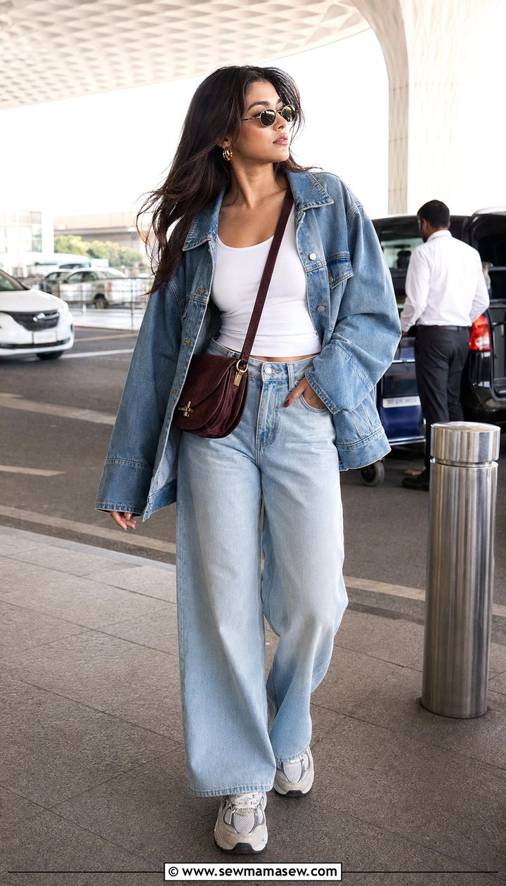 Wide Leg Jeans and Denim Jacket Airport Outfit - 30 Airport outfit ideas with wide leg pants