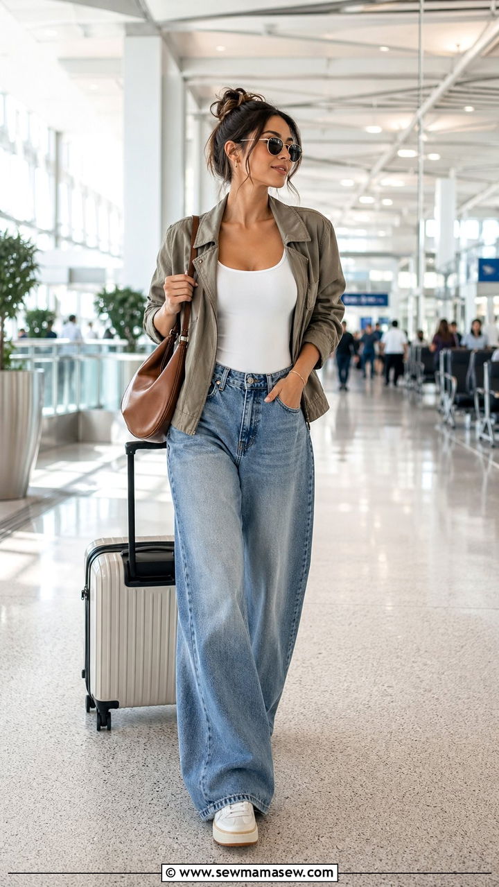 Wide Leg Jeans and Light Jacket Airport Outfit - 30 Airport outfit ideas warm weather destination