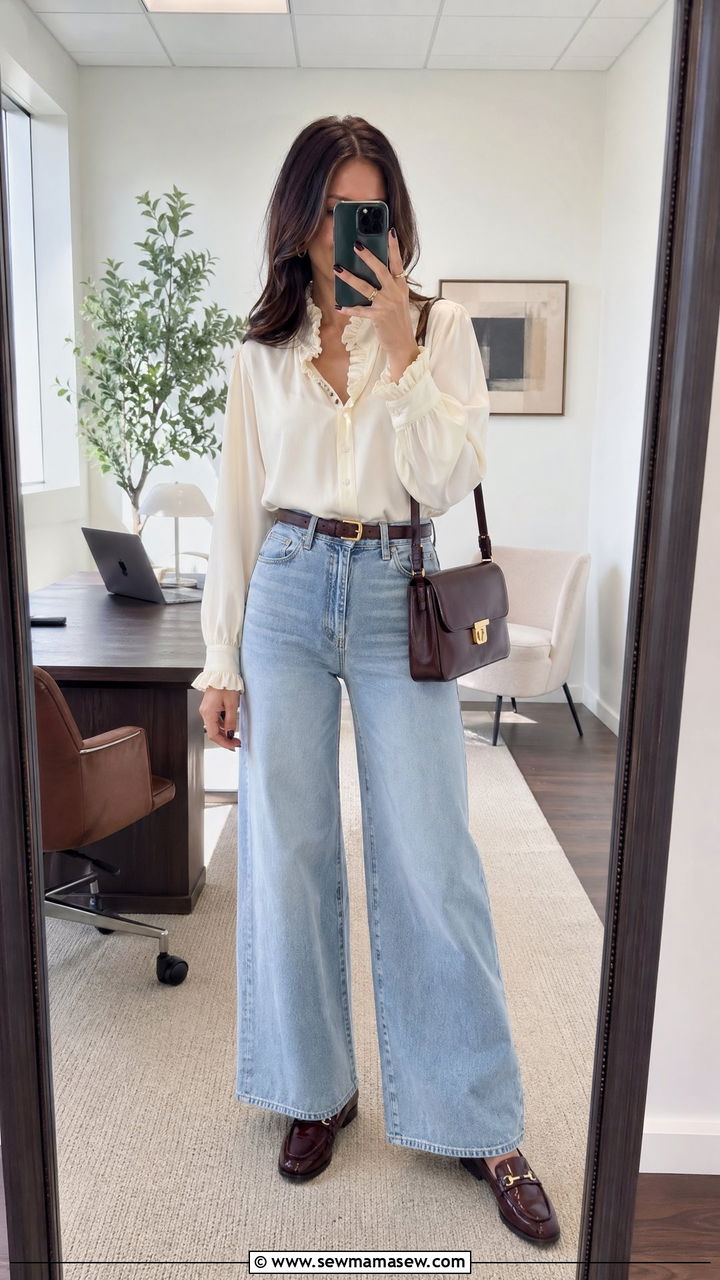 Wide Leg Jeans with Blouse and Loafers - 35 wide leg jeans outfits ideas