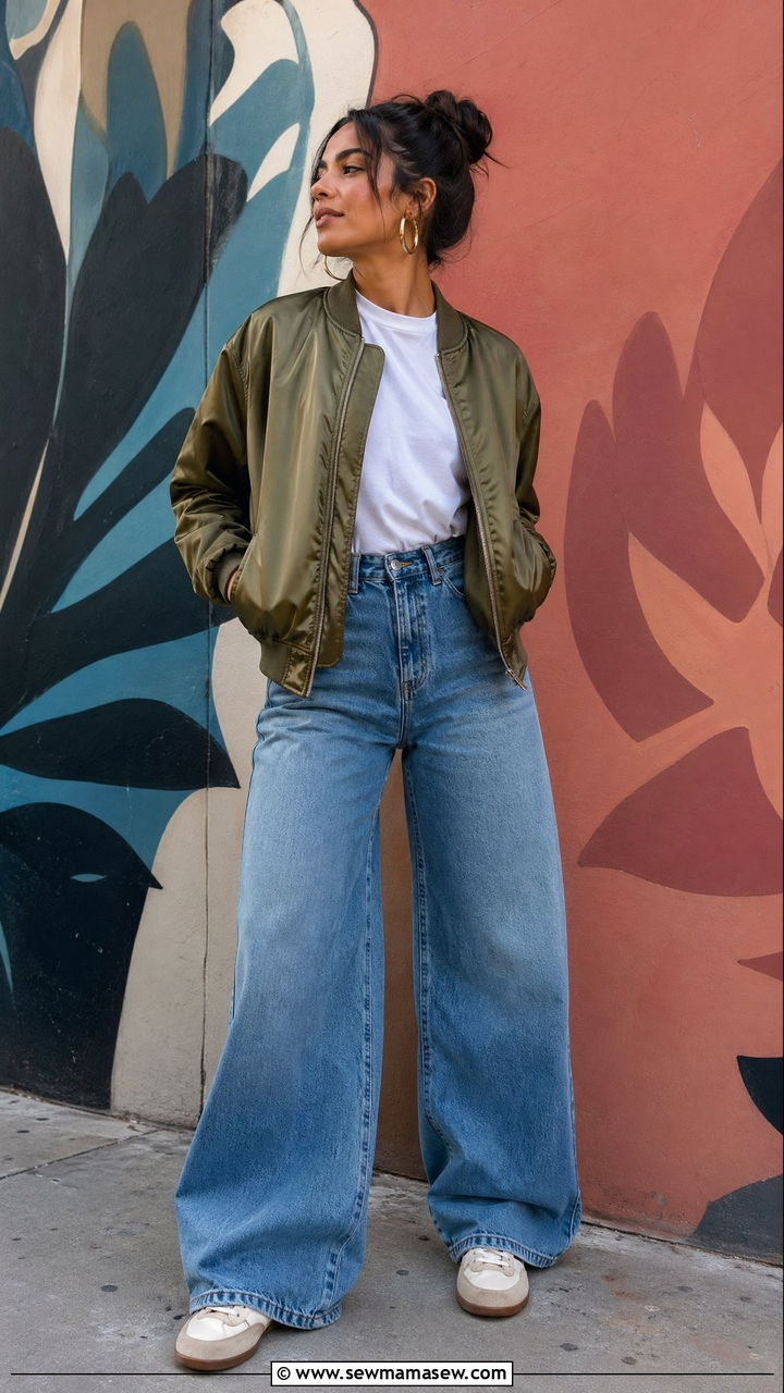 Wide Leg Jeans with Bomber Jacket - 35 wide leg jeans outfits ideas
