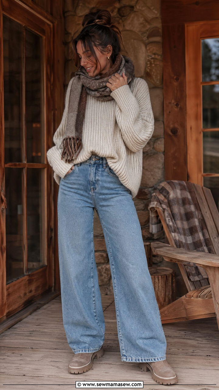 Wide Leg Jeans with Chunky Knit Sweater - 35 wide leg jeans outfits ideas