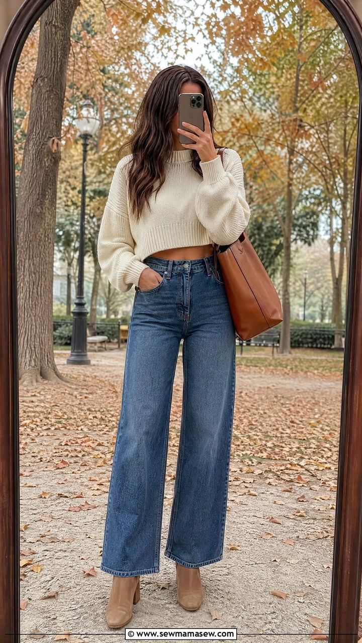 Wide Leg Jeans with Cropped Sweater - 35 wide leg jeans outfits ideas