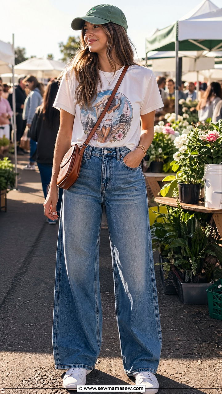 Wide Leg Jeans with Graphic Tee - 35 wide leg jeans outfits ideas
