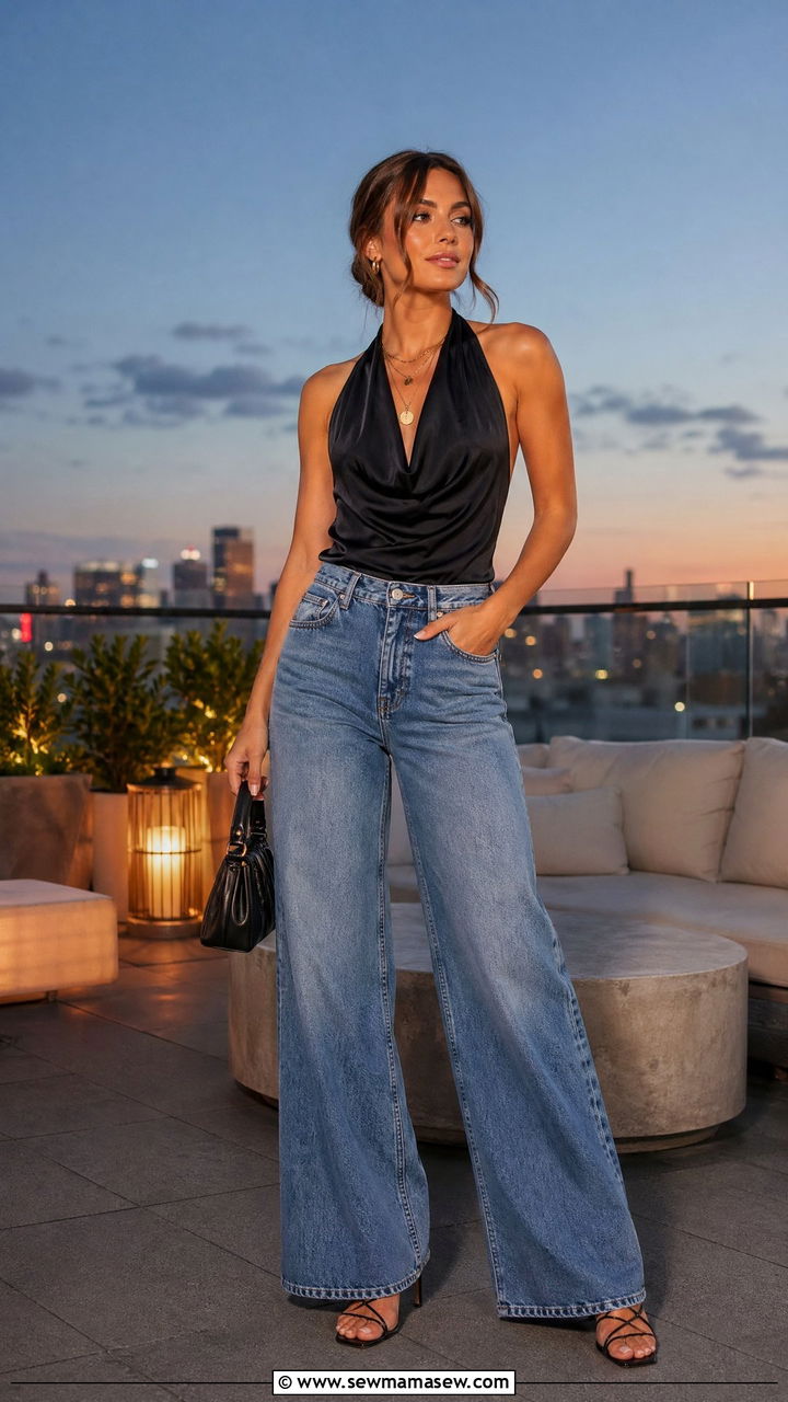 Wide Leg Jeans with Halter Top - 35 wide leg jeans outfits ideas
