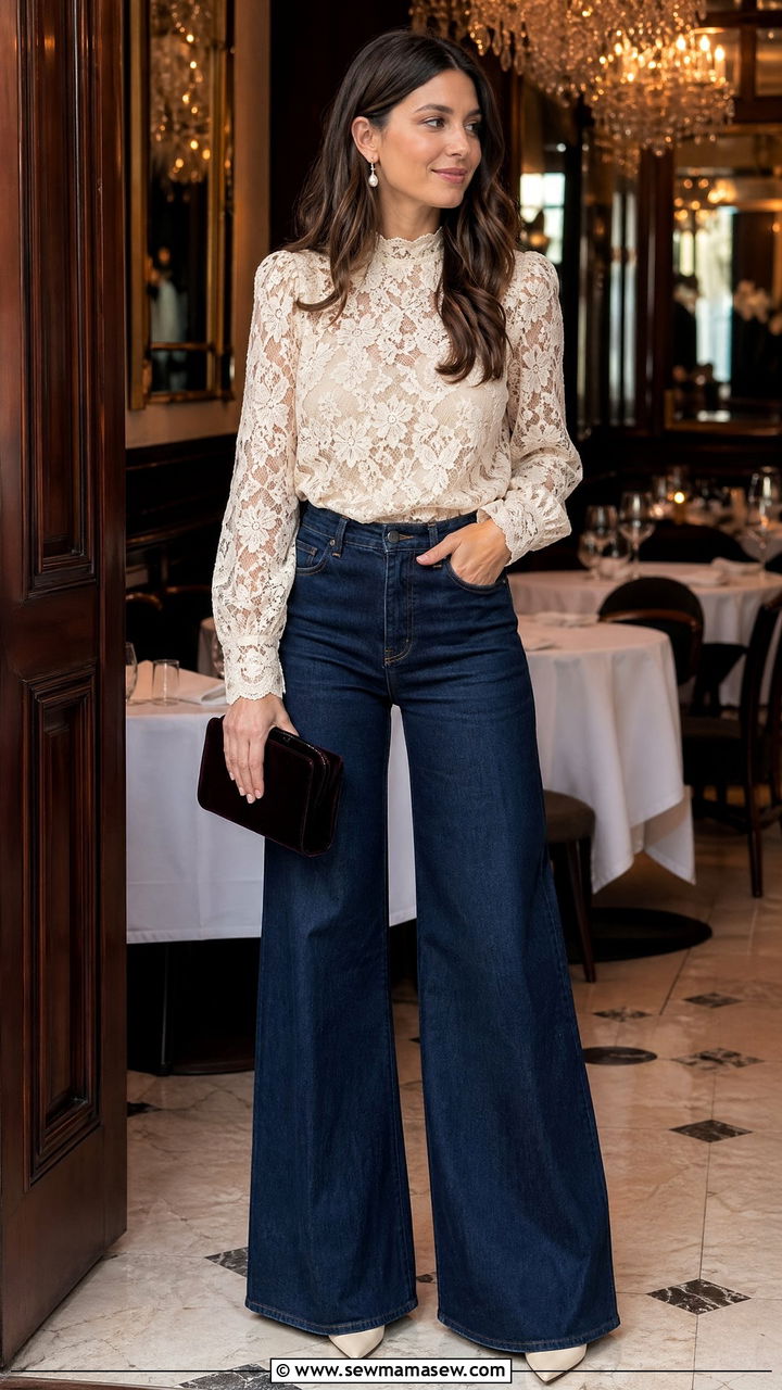 Wide Leg Jeans with Lace Top - 35 wide leg jeans outfits ideas