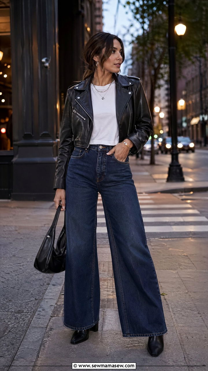 Wide Leg Jeans with Leather Jacket - 35 wide leg jeans outfits ideas