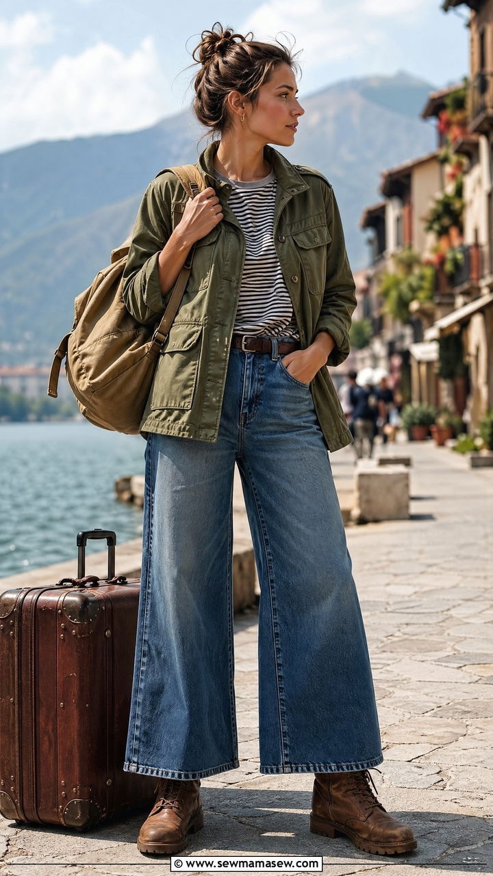 Wide Leg Jeans with Military Jacket - 35 wide leg jeans outfits ideas