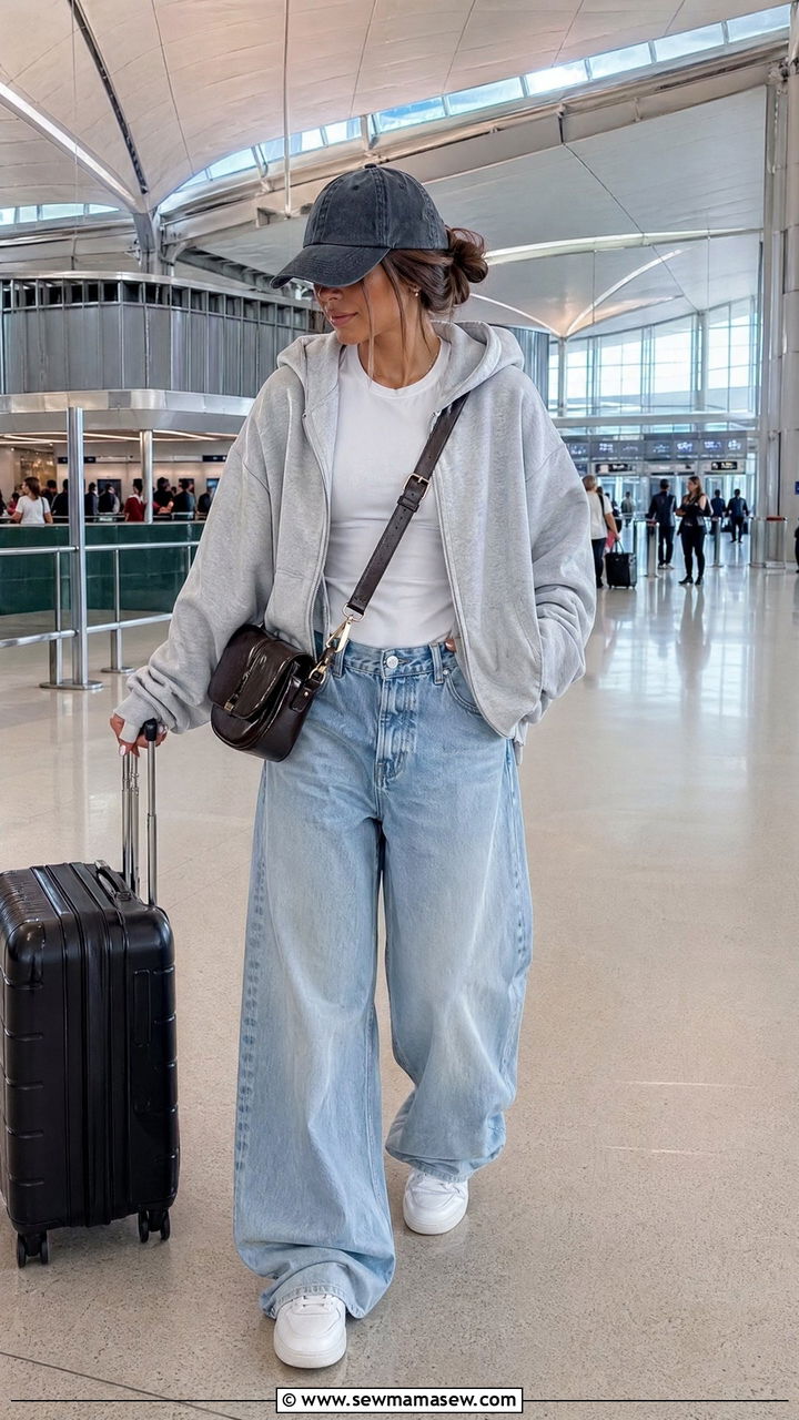 Wide Leg Jeans with Oversized Hoodie - 35 Comfy airport outfit ideas