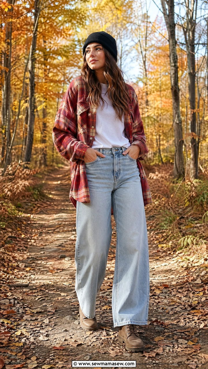 Wide Leg Jeans with Plaid Flannel - 35 wide leg jeans outfits ideas