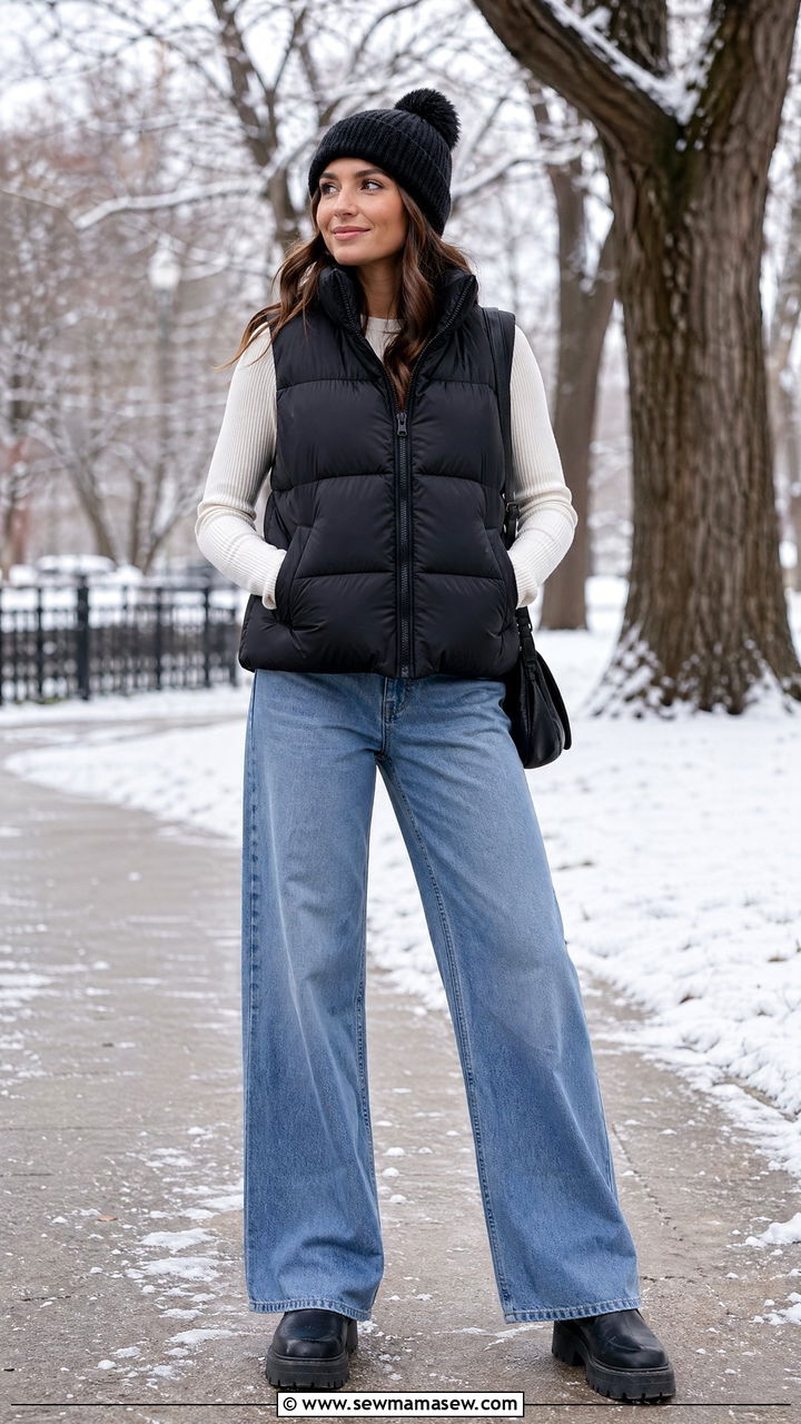 Wide Leg Jeans with Puffer Vest - 35 wide leg jeans outfits ideas