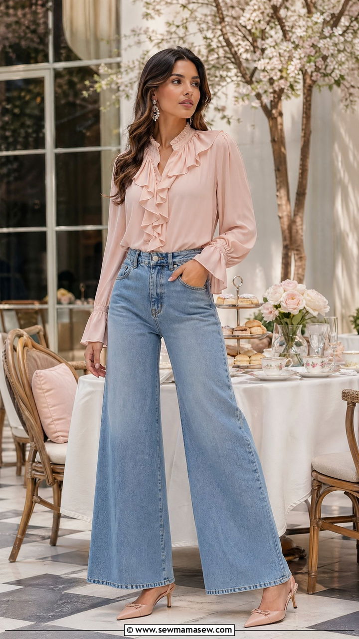 Wide Leg Jeans with Ruffle Blouse - 35 wide leg jeans outfits ideas