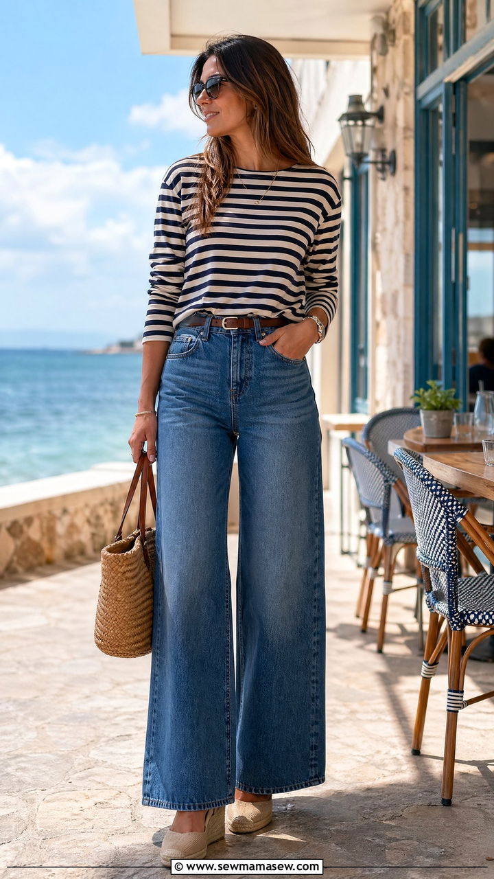 Wide Leg Jeans with Striped Shirt - 35 wide leg jeans outfits ideas