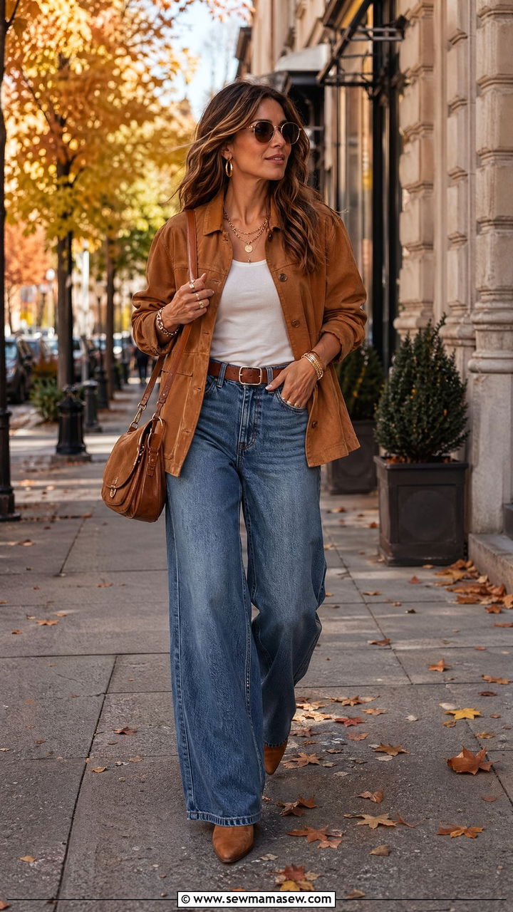 Wide Leg Jeans with Suede Jacket - 35 wide leg jeans outfits ideas