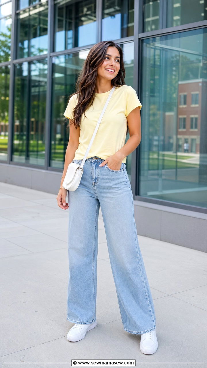 Wide Leg Jeans with Vibrant Tee and Crossbody Bag - 35 college outfit ideas for women
