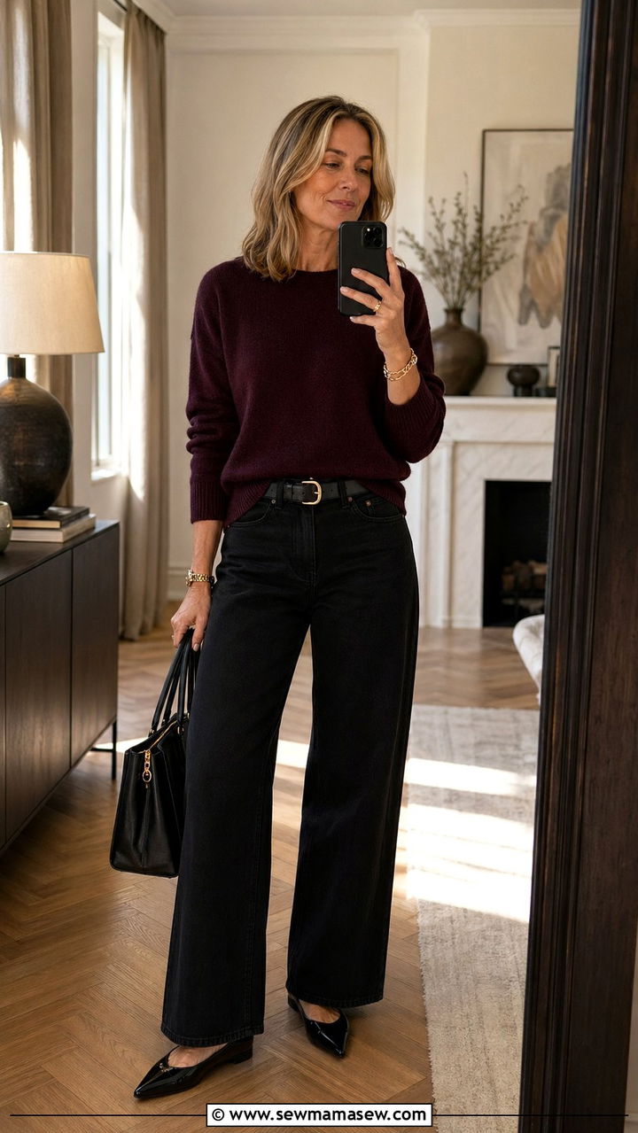 Wide Leg Jeans with a Burgundy Sweater - 30 wide leg jeans outfits for women over 40