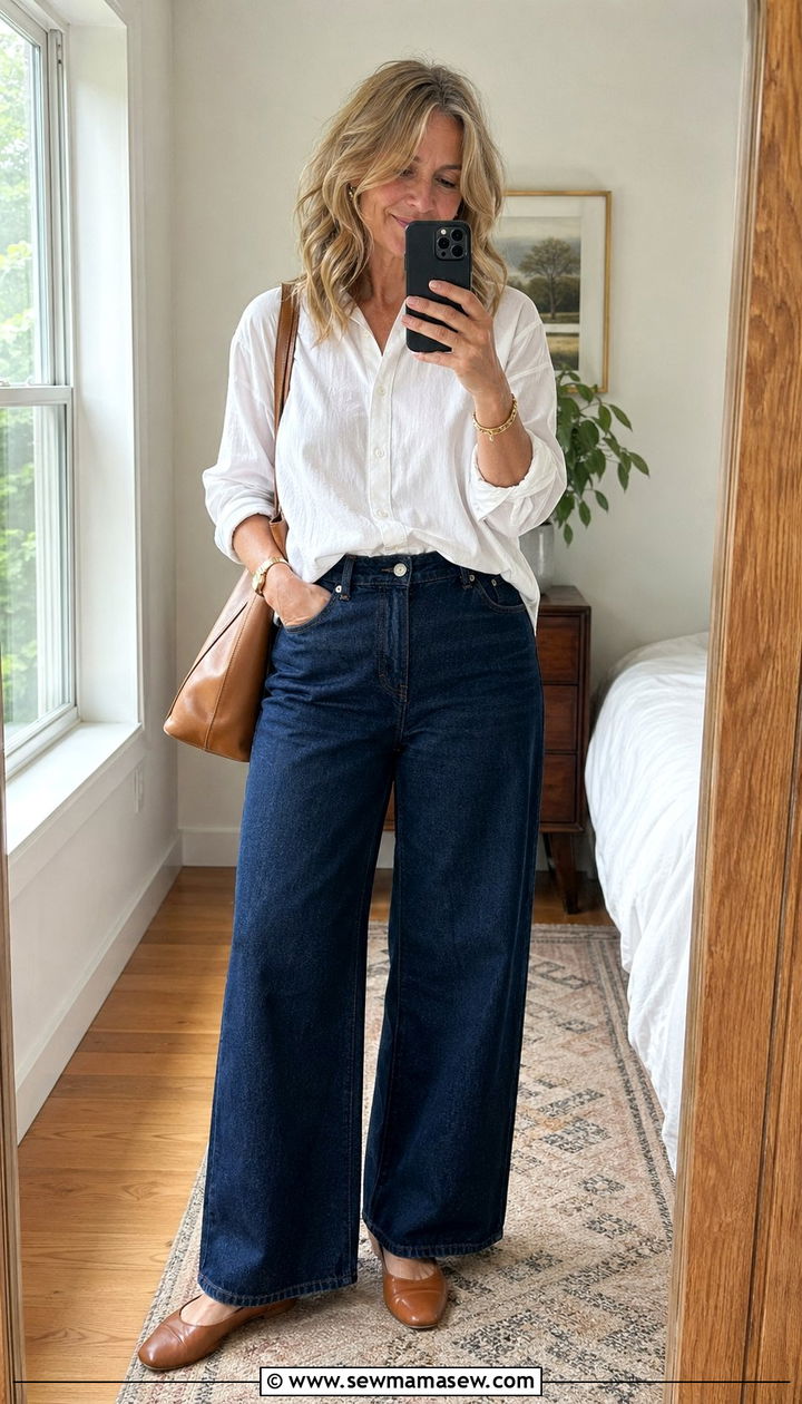 Wide Leg Jeans with a Button Down Shirt - 30 wide leg jeans outfits for women over 40