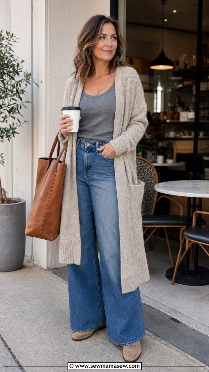 Wide Leg Jeans with a Cozy Cardigan - 30 wide leg jeans outfits for women over 40