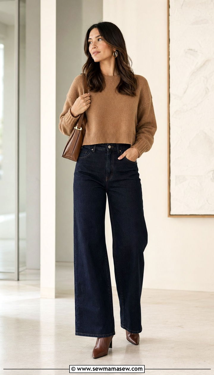 Wide Leg Jeans with a Cropped Sweater - 30 Work outfit ideas for casual Friday