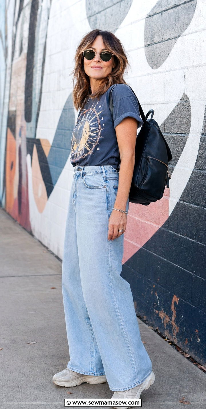 Wide Leg Jeans with a Graphic Tee - 30 wide leg jeans outfits for women over 40