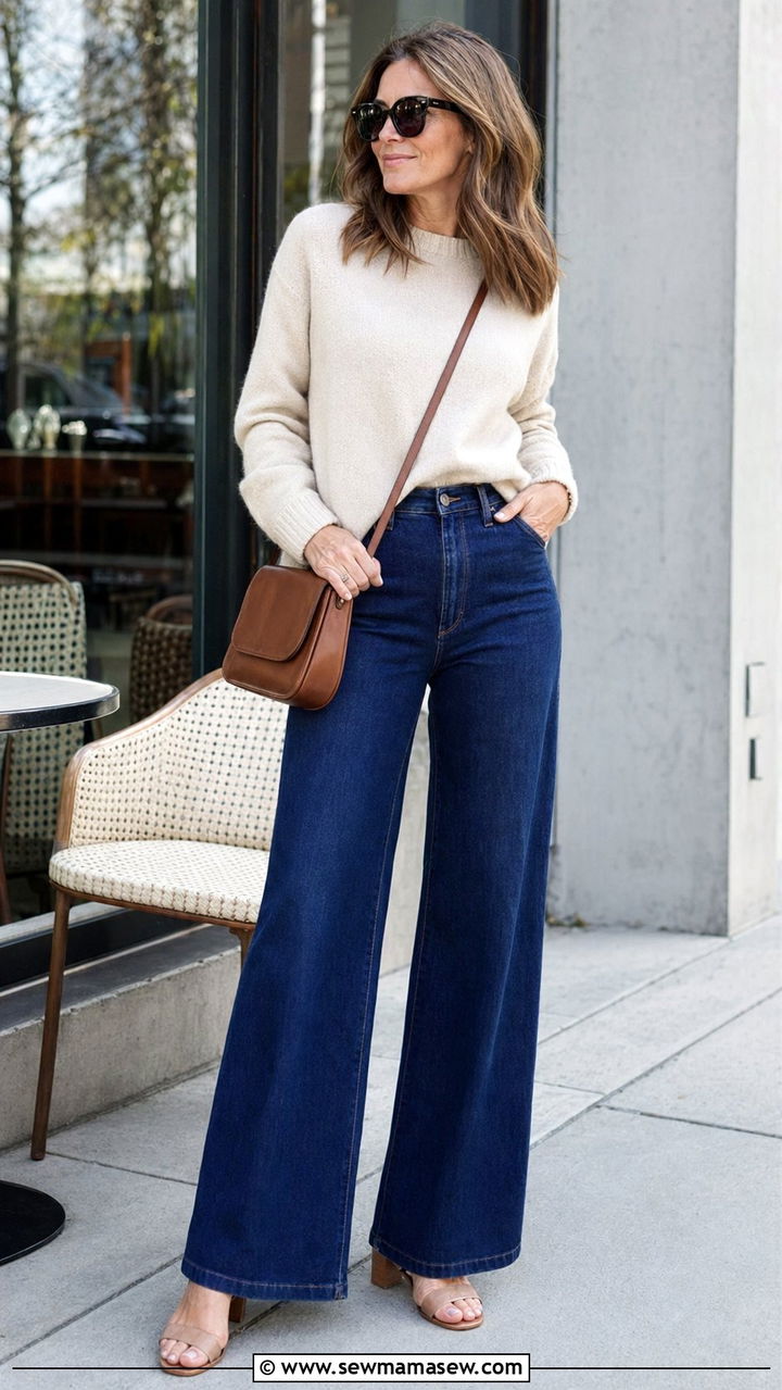 Wide Leg Jeans with a Knit Sweater Outfit for Women Over 40 - 30 Best pants for women over 40