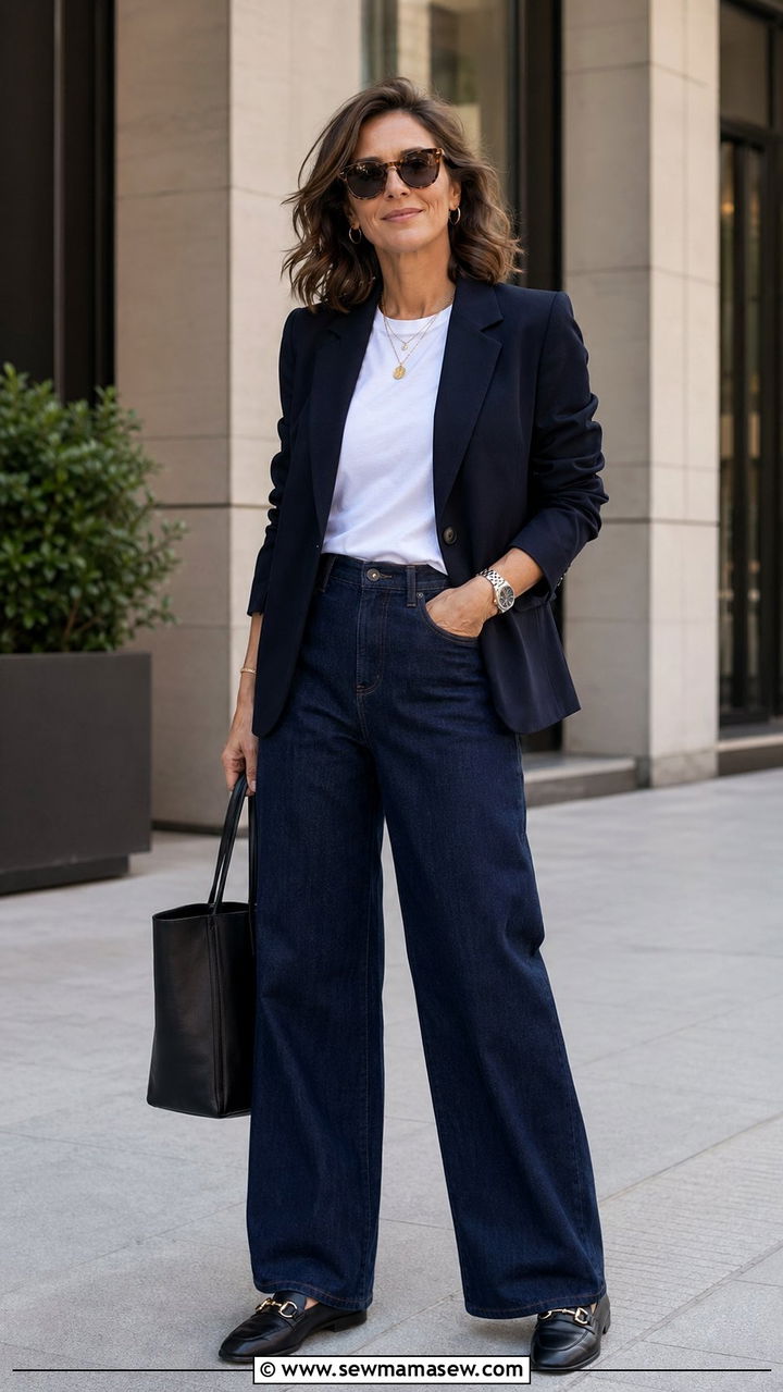 Wide Leg Jeans with a Navy Blazer - 30 wide leg jeans outfits for women over 40
