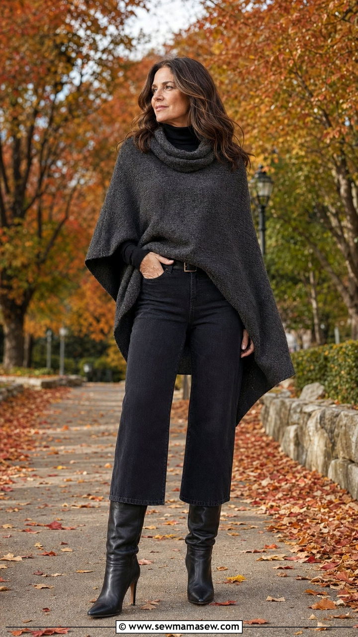 Wide Leg Jeans with a Poncho or Cape - 30 wide leg jeans outfits for women over 40