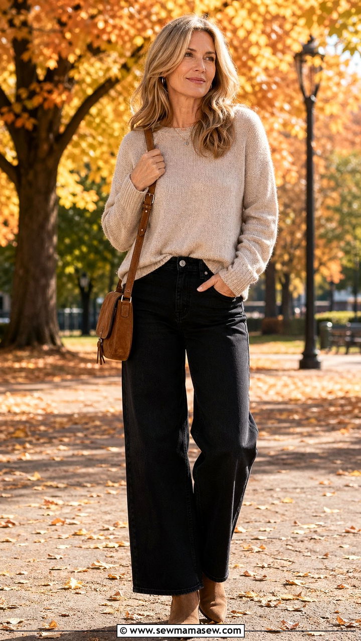Wide Leg Jeans with a Soft Knit Sweater - 30 wide leg jeans outfits for women over 40