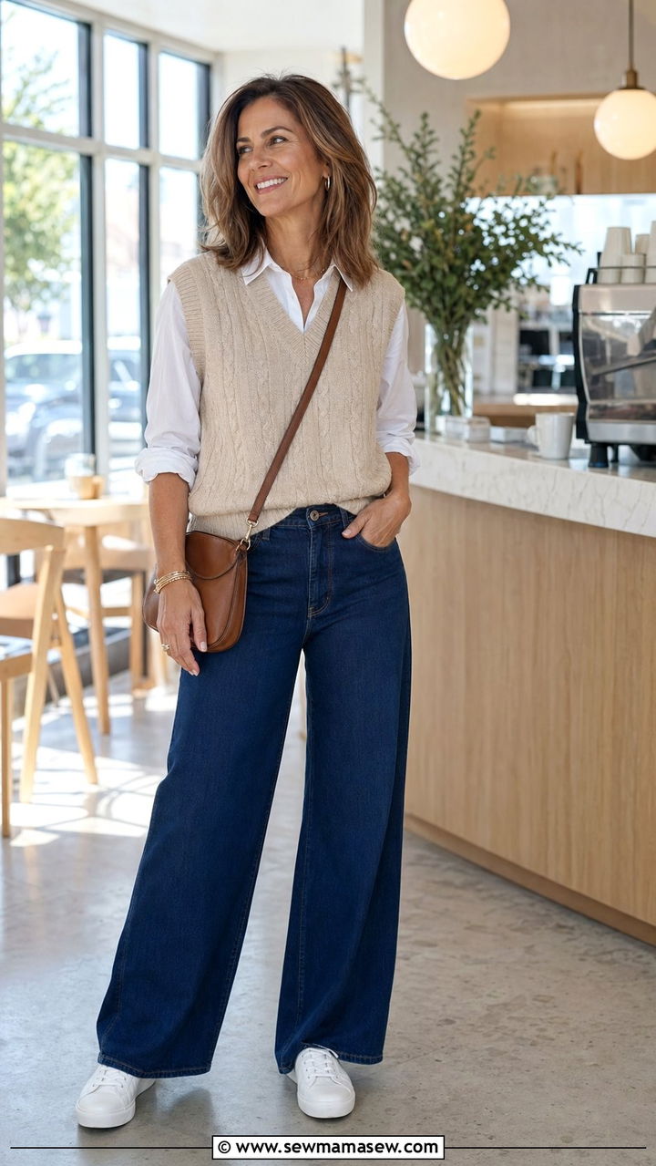 Wide Leg Jeans with a Sweater Vest - 30 wide leg jeans outfits for women over 40