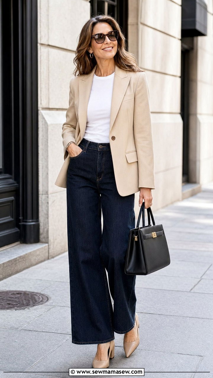 Wide Leg Jeans with a Tailored Blazer - 30 wide leg jeans outfits for women over 40