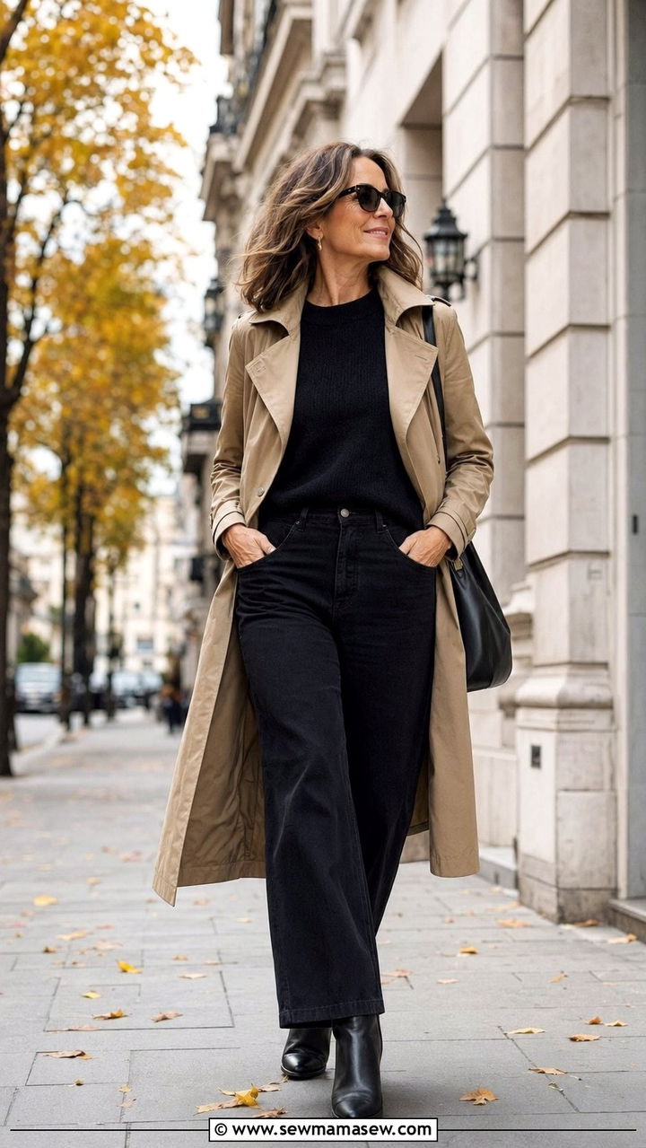 Wide Leg Jeans with a Trench Coat - 30 wide leg jeans outfits for women over 40