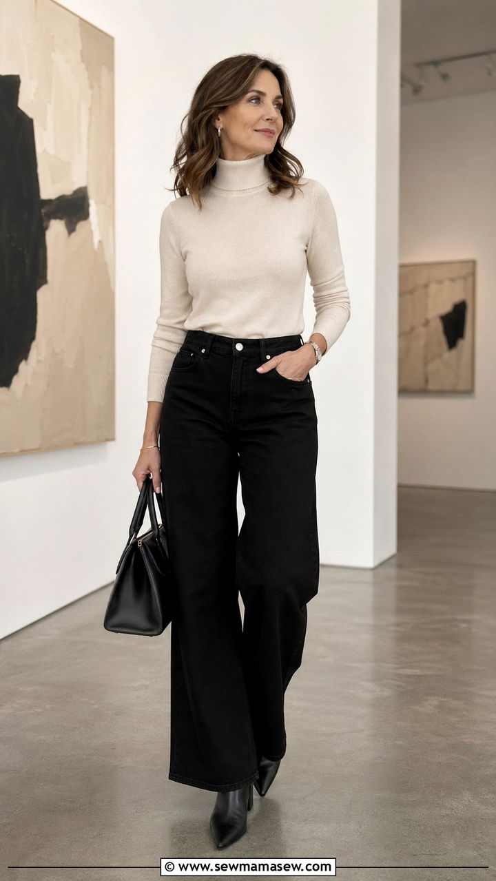 Wide Leg Jeans with a Turtleneck - 30 wide leg jeans outfits for women over 40